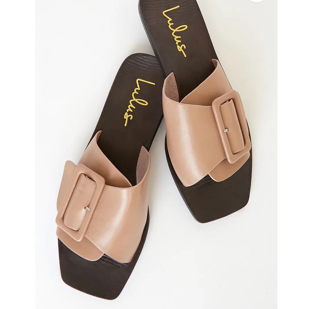Lulus  Earleena Camel Buckled Slide Sandals Summer Shoes